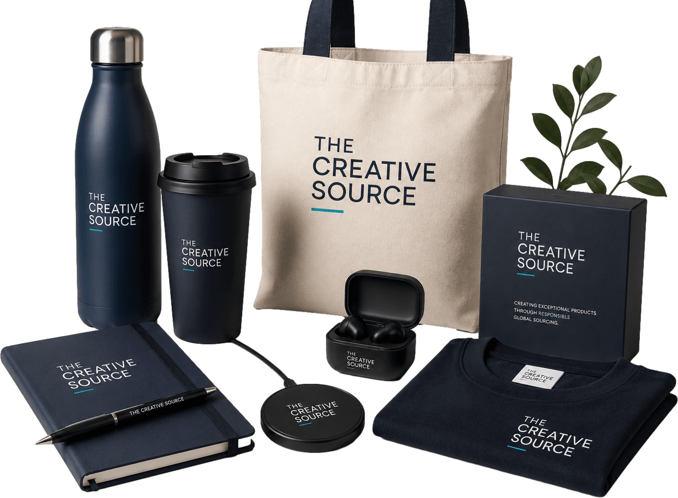 The Creative Source branded range including a bottle, travel cup, tote bag, notebook, earbuds, presentation box and folded t-shirt