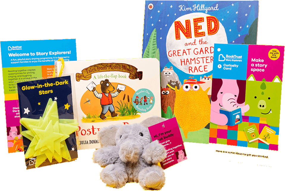 BookTrust Story Explorers pack: picture books, a plush hamster, a glow star and activity leaflets