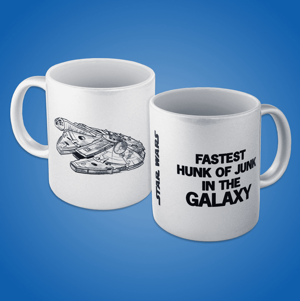 Two printed Star Wars mugs, one with the Millennium Falcon and one with a quote