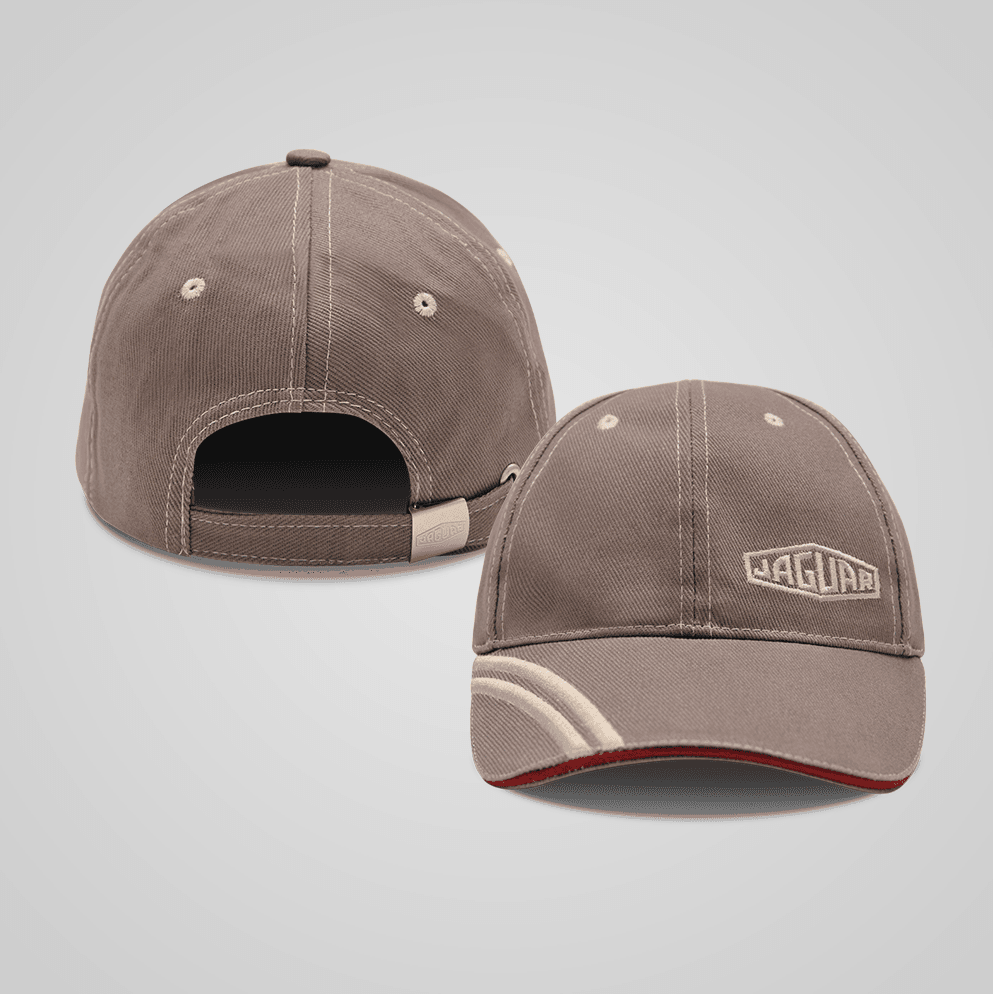 Front and rear views of a taupe Jaguar baseball cap with cream embroidery, contrast stitching, curved brim stripes and an adjustable back strap.