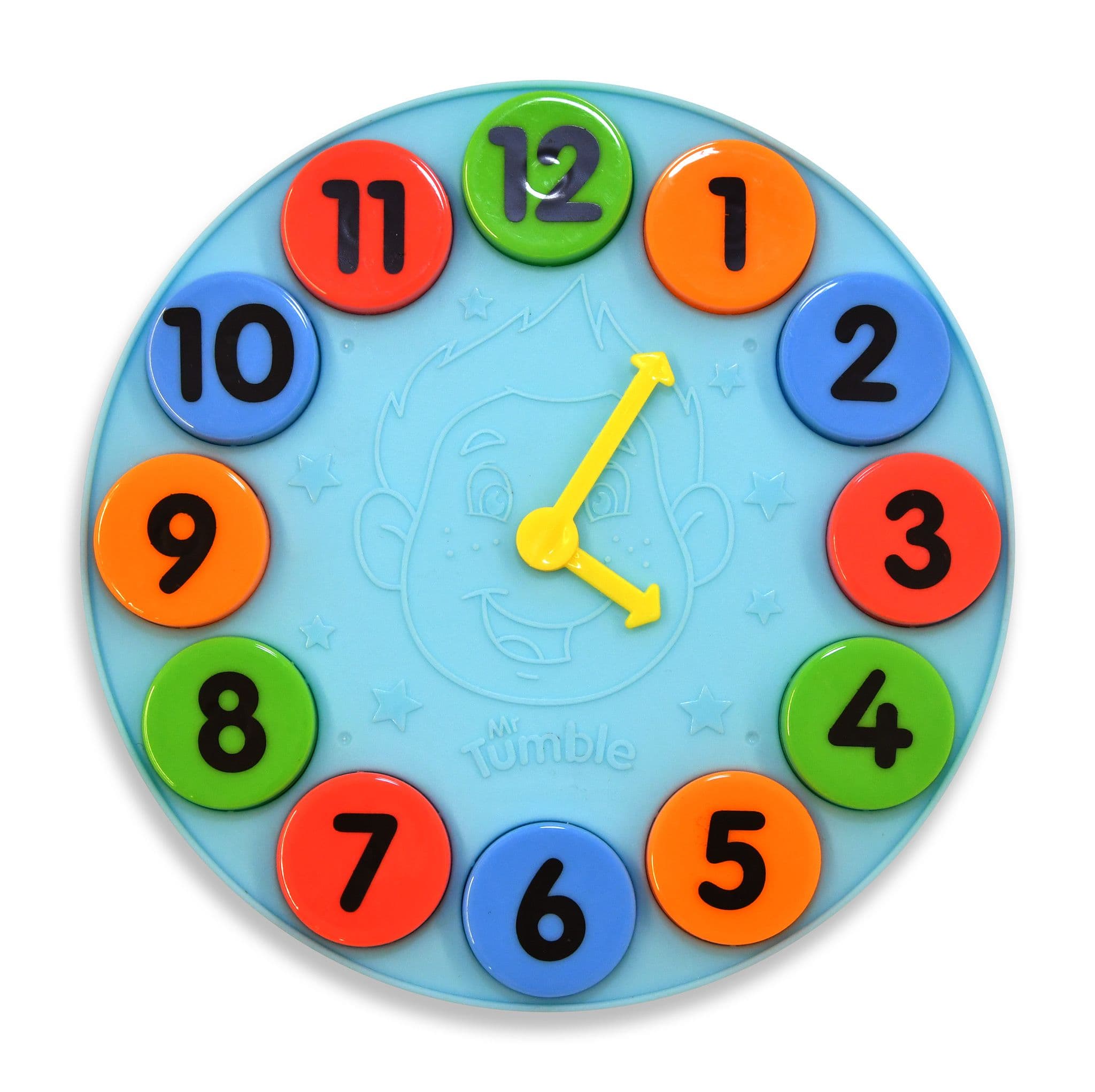 Round blue Mr Tumble learning clock with large multicoloured number buttons from one to twelve and movable yellow hands.