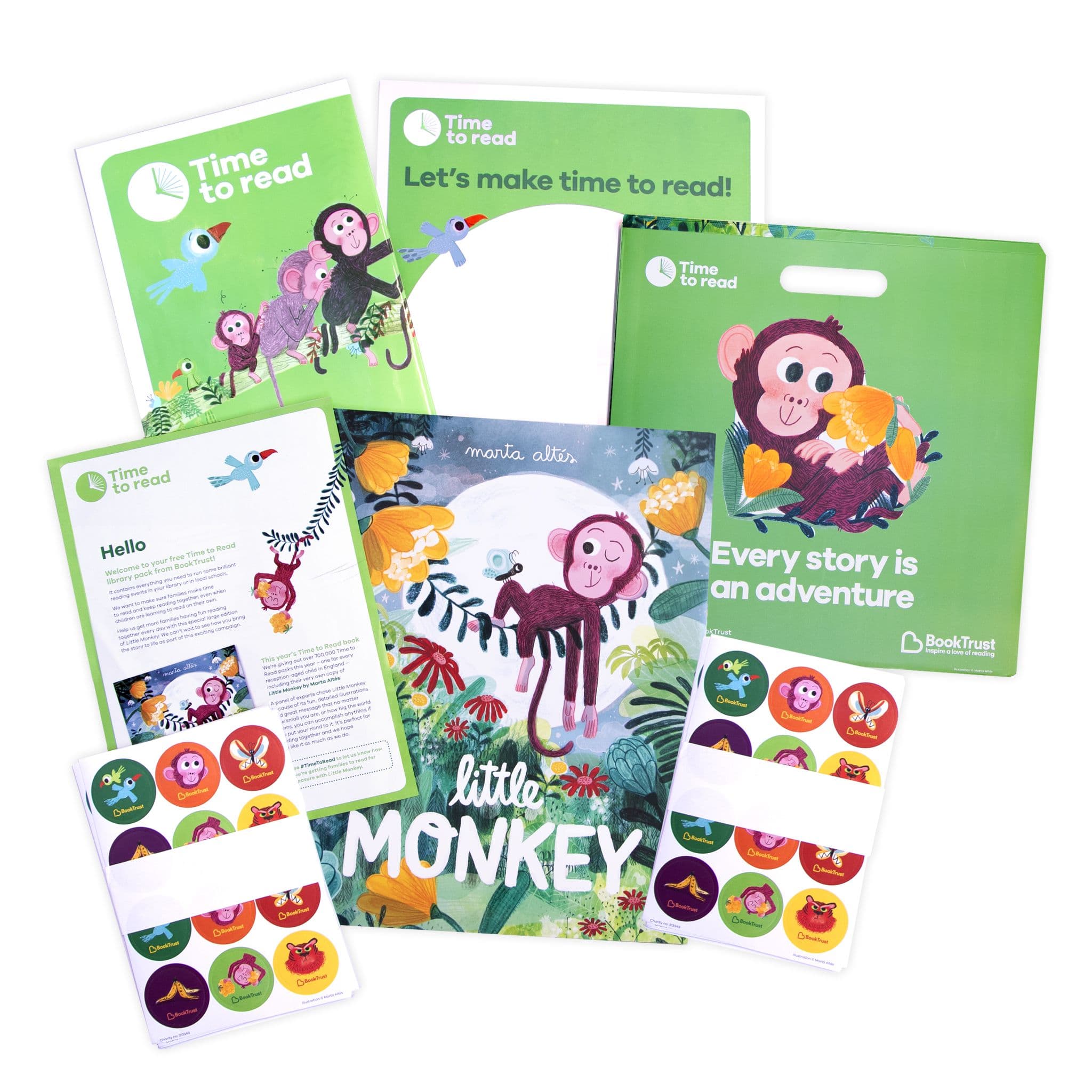 BookTrust Time to Read pack featuring the picture book Little Monkey, a green carry pack, activity sheets, campaign materials and colourful sticker sheets.