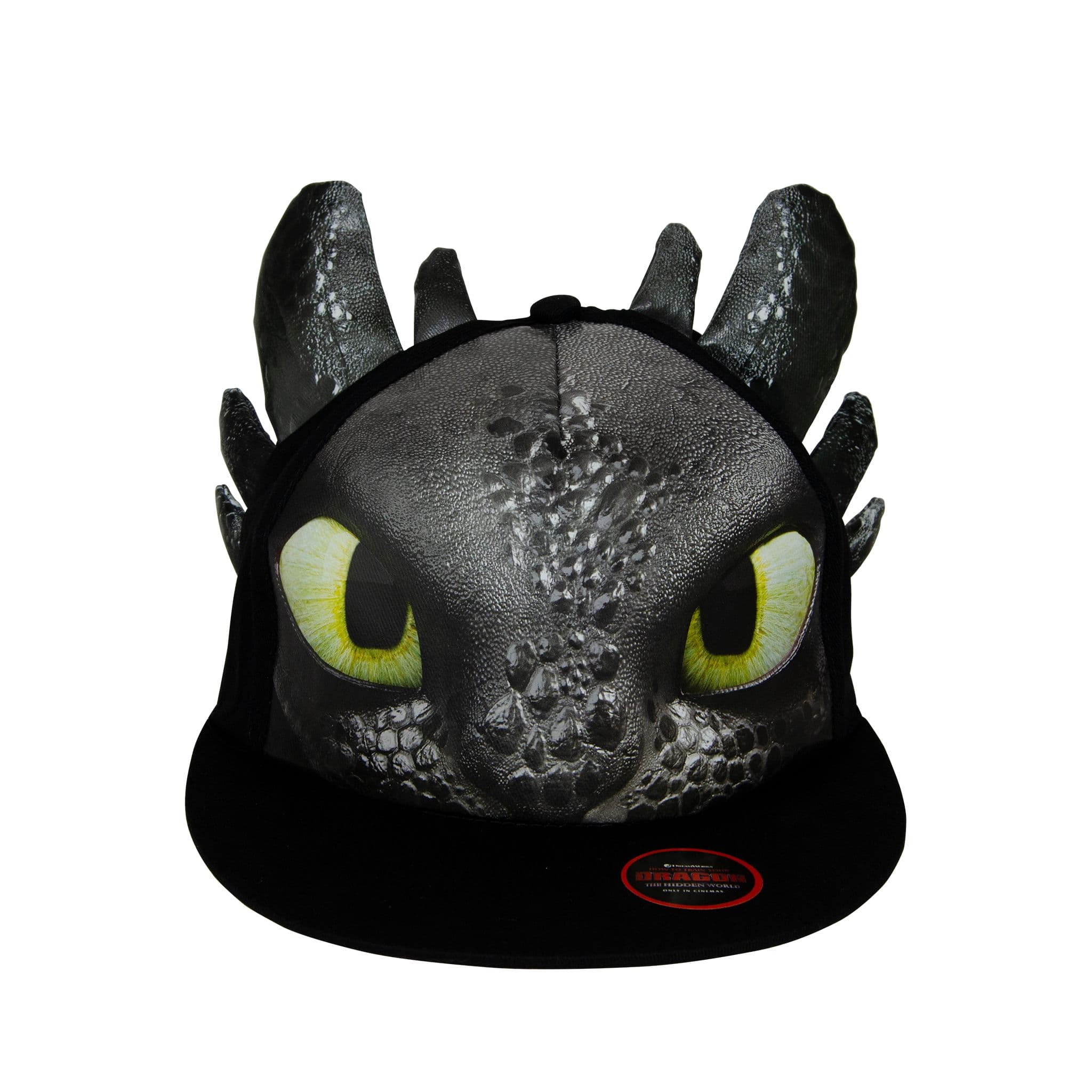 Black How to Train Your Dragon cap designed as Toothless’s face, with green eyes, textured scales and raised dragon spikes.