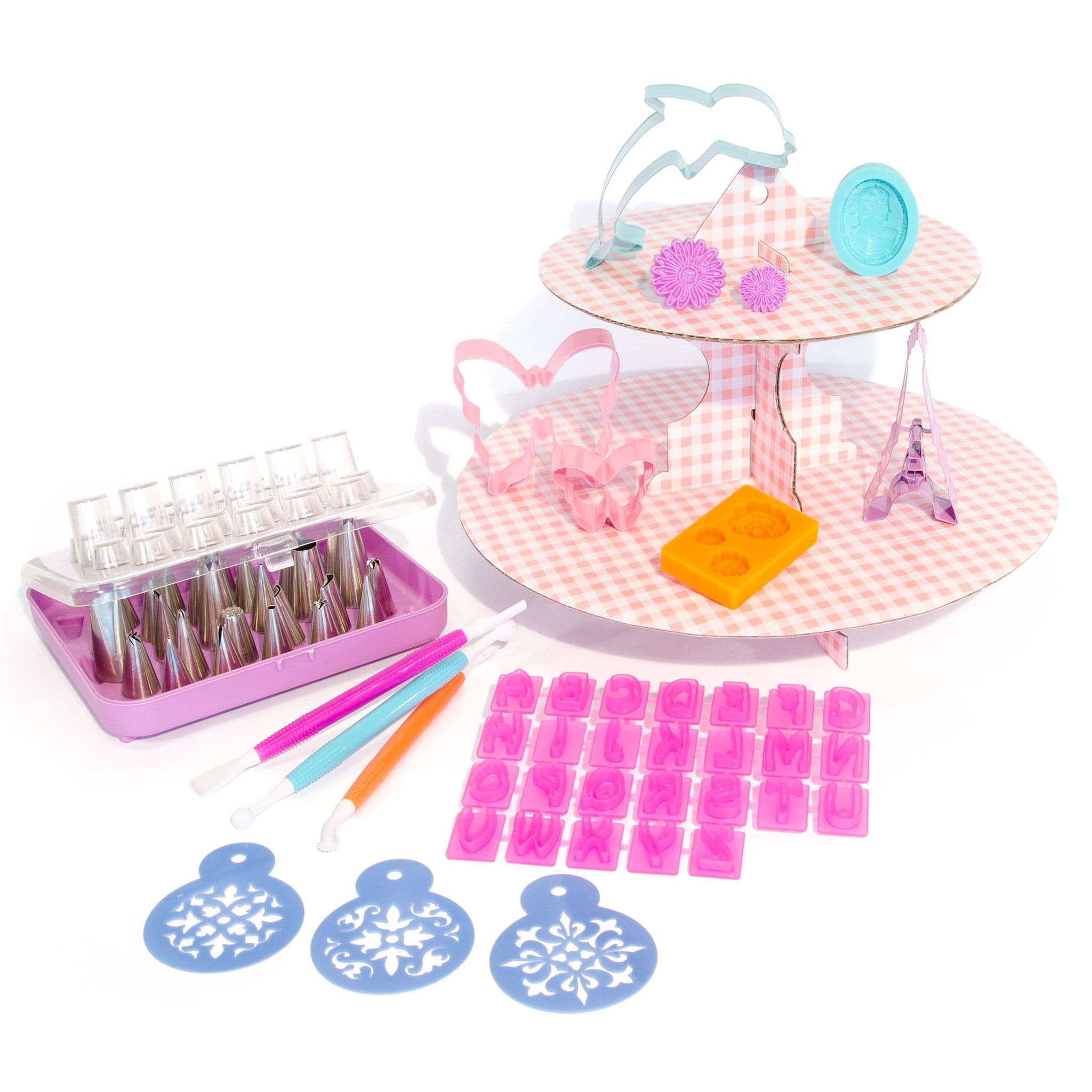 Cake decorating set with piping nozzles, modelling tools, alphabet stamps, flower moulds, patterned stencils and assorted cutters displayed on a pink gingham stand.
