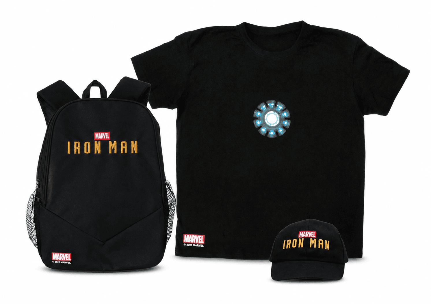Black Marvel Iron Man backpack, T-shirt and cap displayed together, with a glowing blue arc reactor design on the front of the T-shirt.