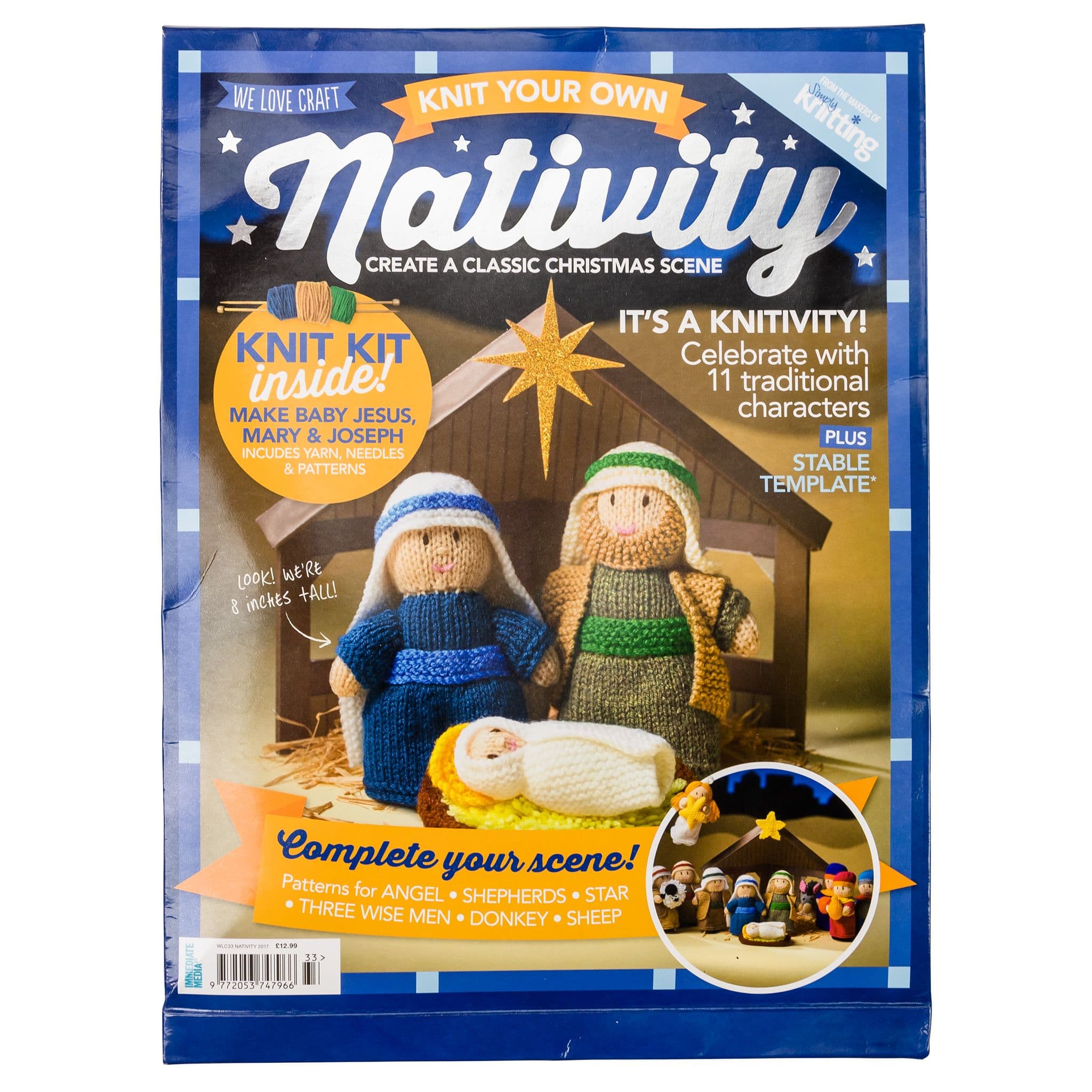Boxed Knit Your Own Nativity kit showing knitted figures of Mary, Joseph and baby Jesus, with patterns for a complete eleven-character Christmas scene.