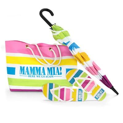 Mamma Mia! travel accessories featuring a multicoloured striped beach bag, matching umbrella and coordinating flip-flops.