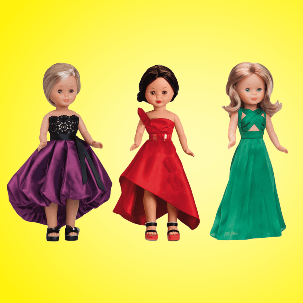 Three Nancy fashion dolls wearing formal dresses in purple and black, red, and green, displayed against a bright yellow background.