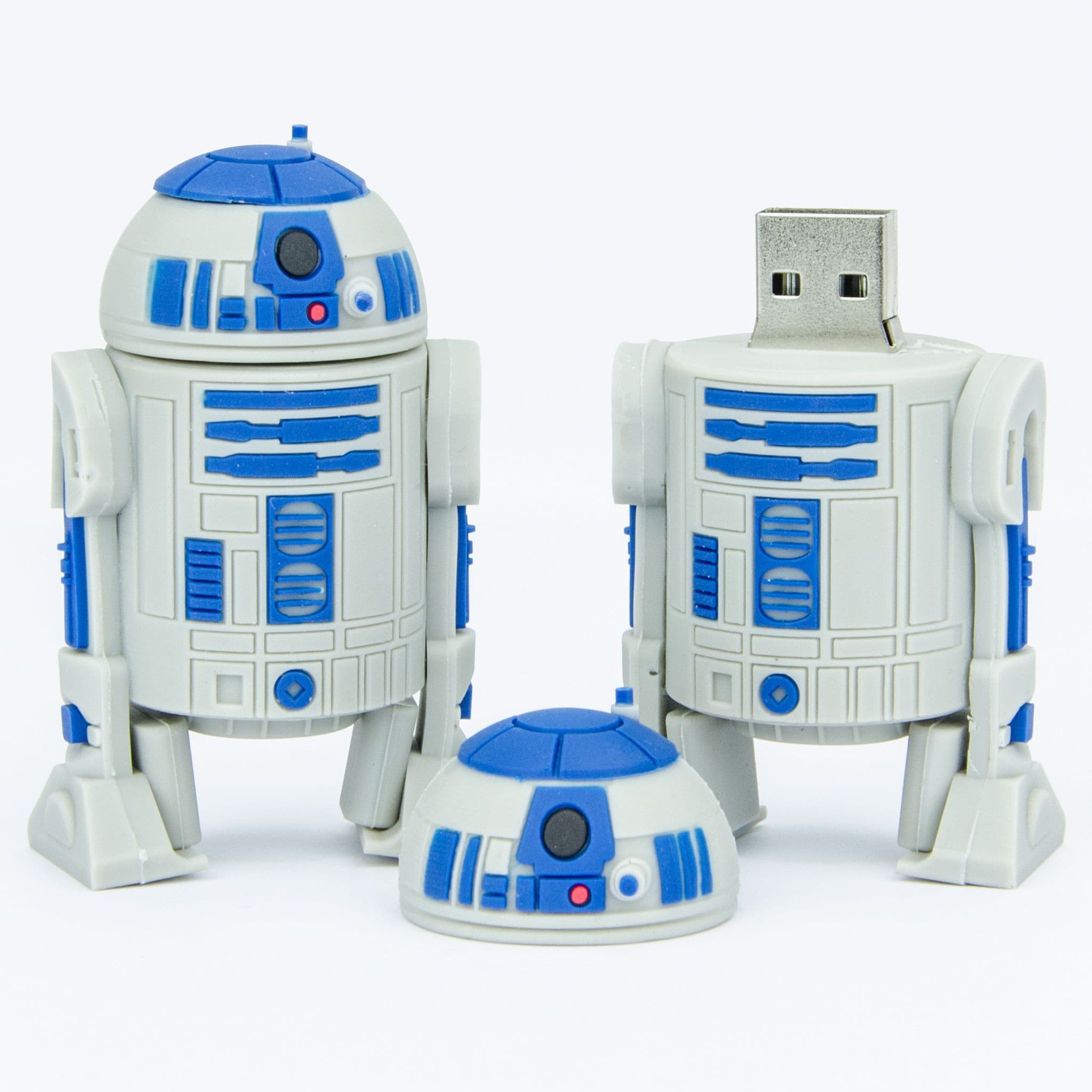 R2-D2-shaped USB drive shown assembled and with its blue-and-white dome cap removed to reveal the USB connector.
