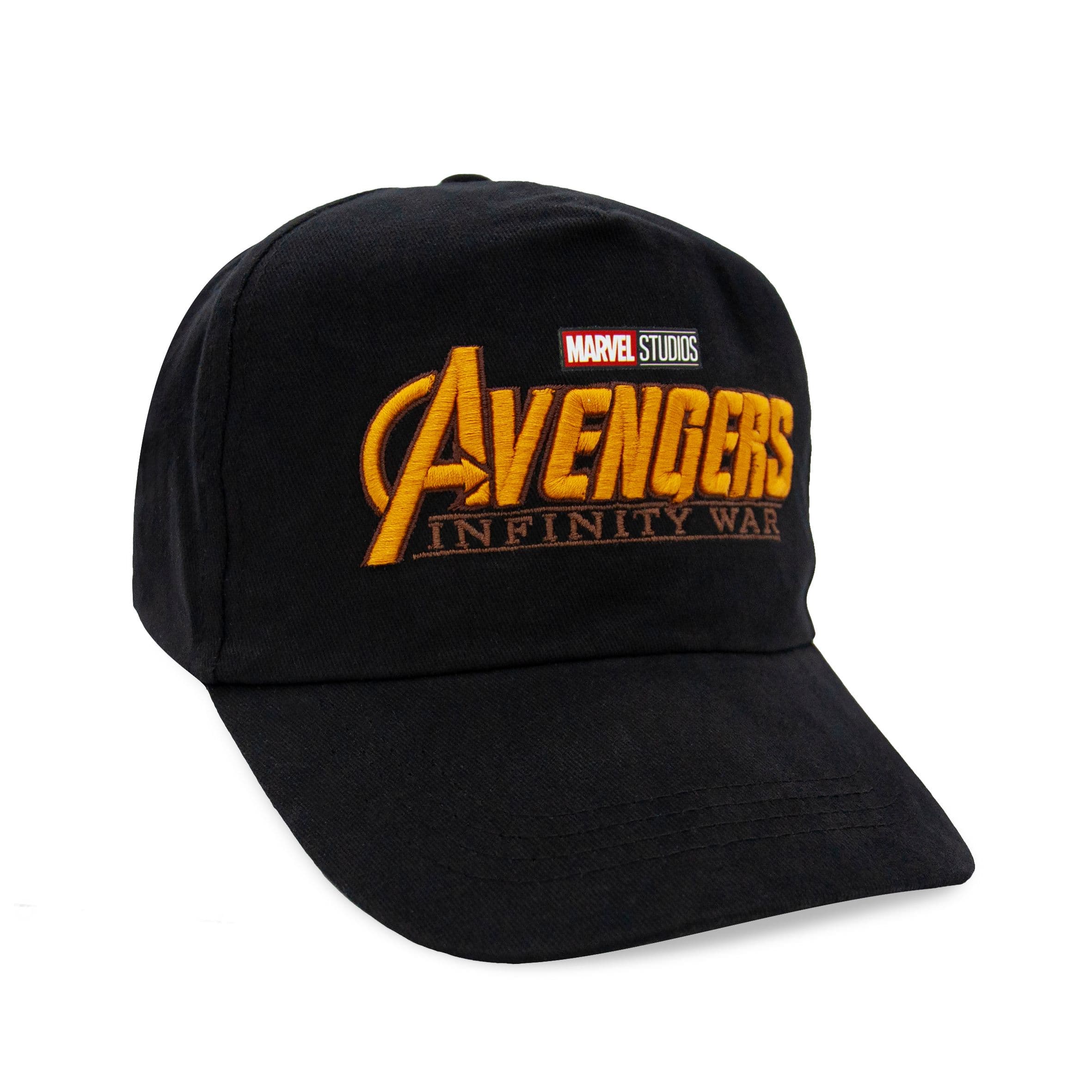 Black baseball cap embroidered with the Marvel Studios Avengers: Infinity War logo in gold and bronze thread.