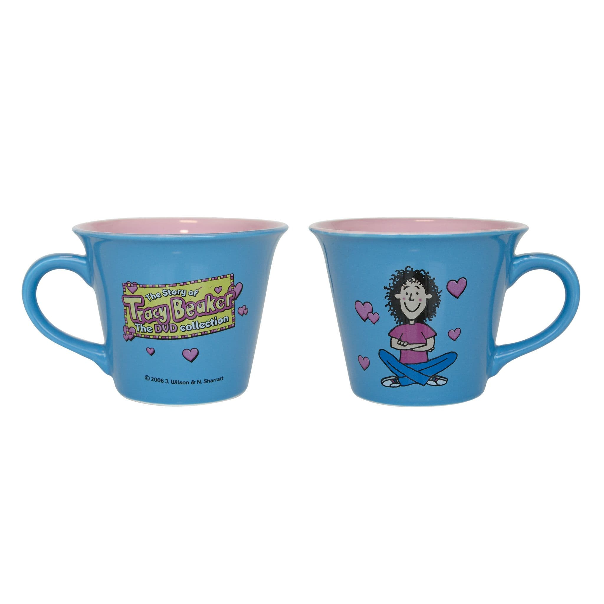 Two views of a blue Tracy Beaker mug with a pink interior, showing the DVD Collection logo on one side and an illustrated Tracy surrounded by pink hearts on the other.