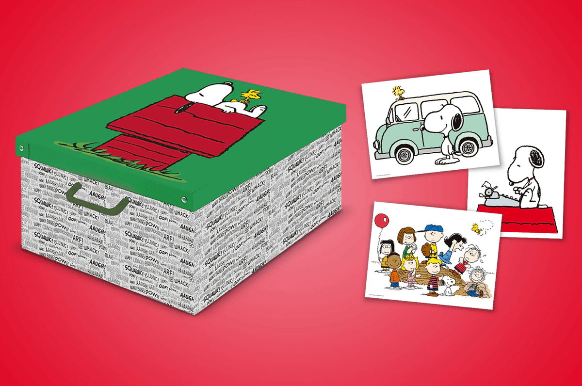 Printed Peanuts gift box with illustrated cards laid out beside it