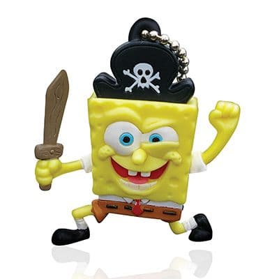SpongeBob SquarePants character keyring dressed as a pirate, wearing a skull-and-crossbones hat and holding a toy sword.
