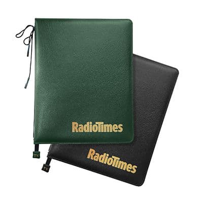 Green and black textured Radio Times holder with gold logos and ribbon markers.