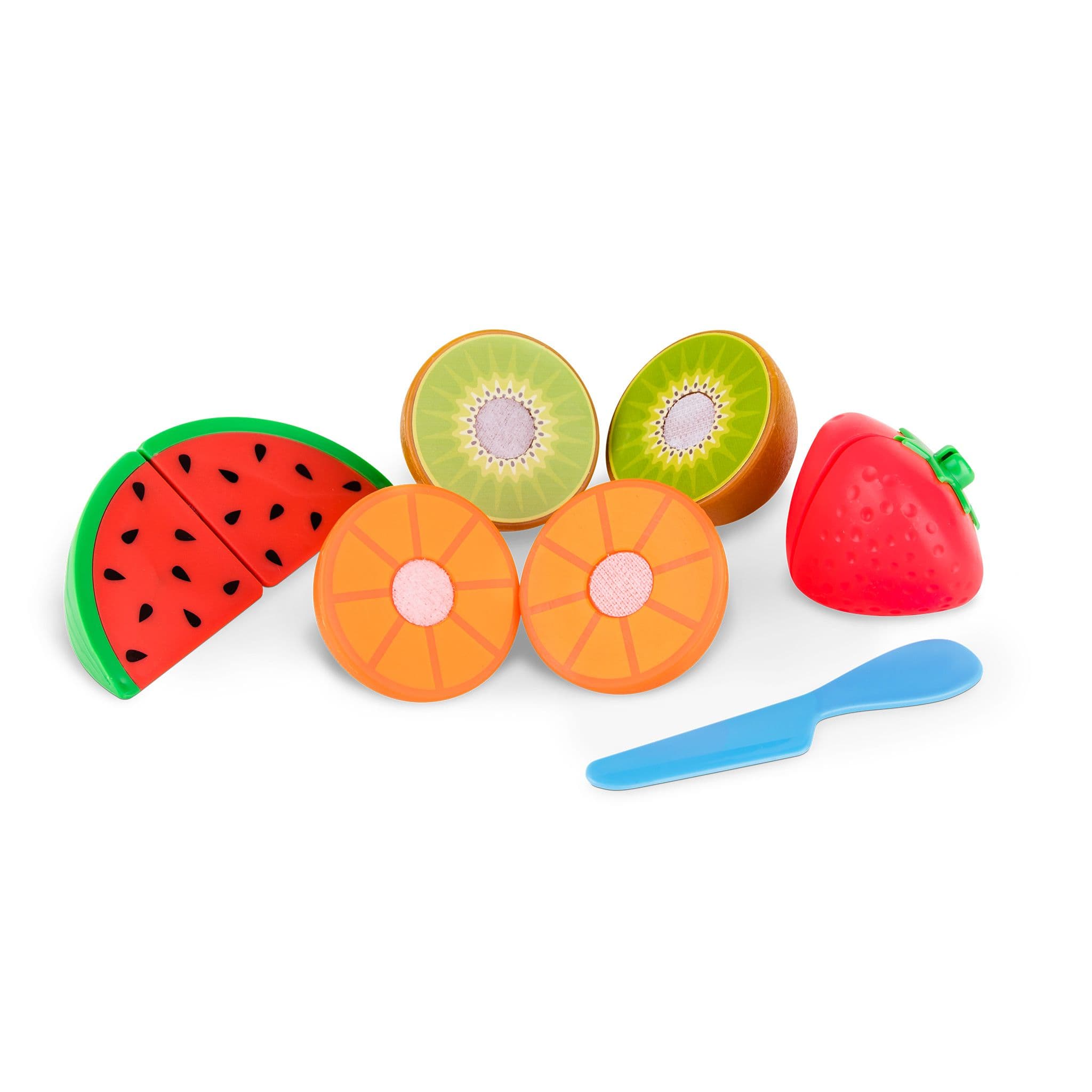 Colourful toy fruit set featuring separable watermelon, kiwi and orange pieces, a whole strawberry and a blue play knife.