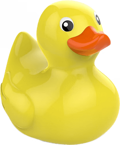 Rendered visual of the rubber duck produced from the 3D drawing file, showing the moulded body, orange beak and painted eyes